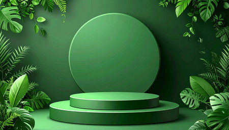 A two-tiered green pedestal is framed by abundant green leaves and plants against a solid green circular backdrop.の素材