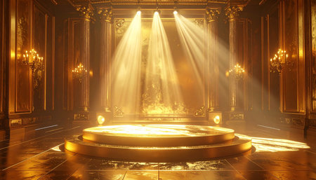 A circular golden stage is lit by spotlights in a richly decorated ornate hall with classical columns.の素材
