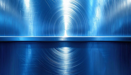 Blue brushed metal surface with concentric circles and a horizontal shiny bar. Clear details and vibrant colors enhan...の素材