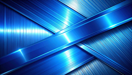 Abstract blue metallic background with brushed metal stripes and shiny reflective beams.の素材