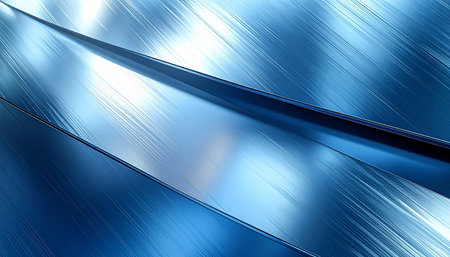 Abstract blue brushed metal surface with diagonal lines and bright reflections creating a futuristic look.の素材