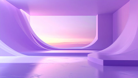 An abstract purple interior with flowing curved walls revealing a pastel sunrise landscape.の素材