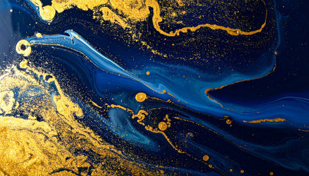 Swirling deep blue and gold liquid marbling with glitter particles creating a dynamic abstract texture.の素材