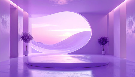 A surreal interior featuring a flowing fabric archway framing a purple mountain landscape at sunrise.の素材