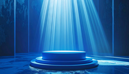 A blue circular stage with a tiered platform is illuminated by dramatic, bright light beams from above.の素材