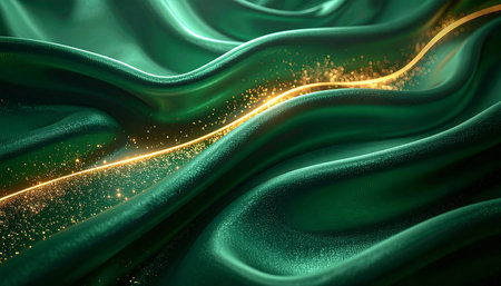 Deep green fabric with soft wavy folds and a bright streak of sparkling golden light.の素材