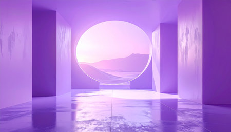 A circular portal in a purple room frames a tranquil pastel mountain landscape at sunrise.の素材