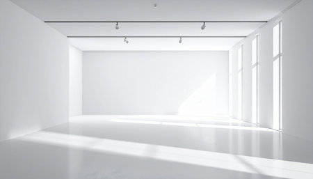 An empty white art gallery interior with bright natural light and shadows on the floor.の素材