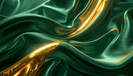 Deep emerald green fabric with flowing folds and golden glittering accents reflecting light.の素材