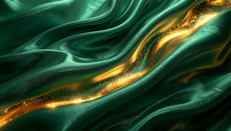 Emerald green silk fabric texture with a golden glittering band and flowing drapes.の素材