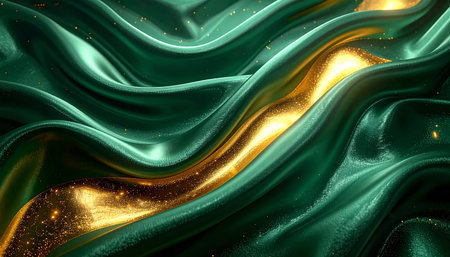 Artistic showing emerald green silk fabric waves with golden glitter sparkle abstract background keywords: abstract,...の素材