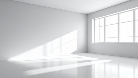 White empty room with window and sunlight. 3d render illustration.の素材