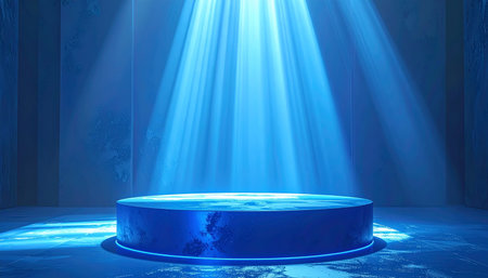 A circular blue podium is illuminated by dramatic light beams in a dark, textured room.の素材