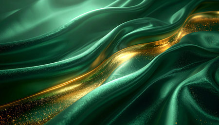 Emerald green fabric with flowing golden accents and scattered glittering particles creating a luxurious texture.の素材