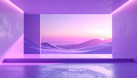 A modern interior with a wide opening revealing a pink and purple desert landscape at sunset.の素材
