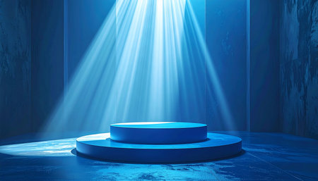 A simple circular blue stage with neon trim is illuminated by bright light beams from above.の素材