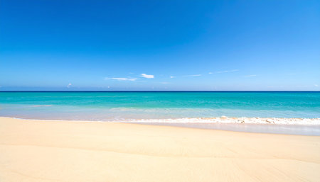 A pristine tropical beach with golden sand, turquoise water, and a clear deep blue sky.の素材