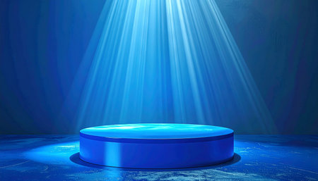 A round blue stage is illuminated by bright volumetric light beams, with textured walls in the background.の素材