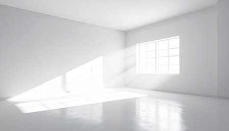 A sunlit empty room with a large window casting diagonal light patterns on the white floor.の素材