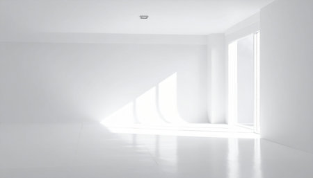 Empty white room with bright sunlight streaming through a large window on the rightの素材