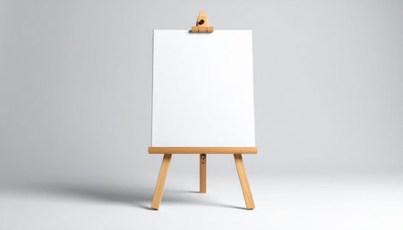 A single blank white canvas is displayed on a wooden artist easel against a light gray background.の素材