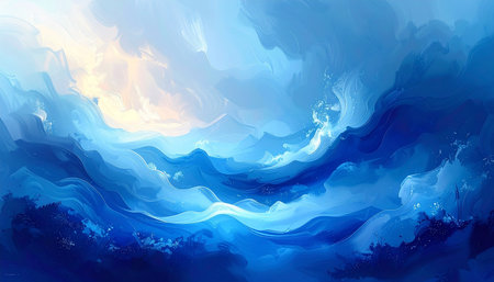 Abstract blue ocean waves and sky with dramatic light and dark contrasts and splashes.の素材