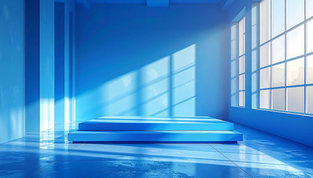 Blue room with a two-tiered stage and sunlight casting grid shadows on surfaces Clear details and vibrant colors enha...の素材