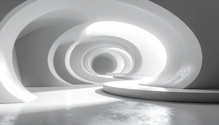 Abstract white swirling architecture with a stage and light rays, suggesting a futuristic and ethereal environment.の素材