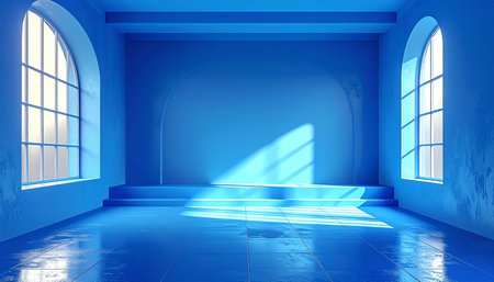 Blue interior with arched windows, a raised platform, and sunlight casting shadows on a wet floor.の素材