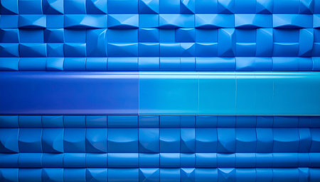 A blue geometric textured wall features a horizontal band with a gradient of blue and teal.の素材