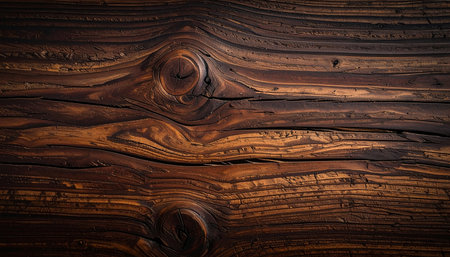 Close-up of an aged wooden surface featuring deep brown grain, knots, and horizontal lines.の素材