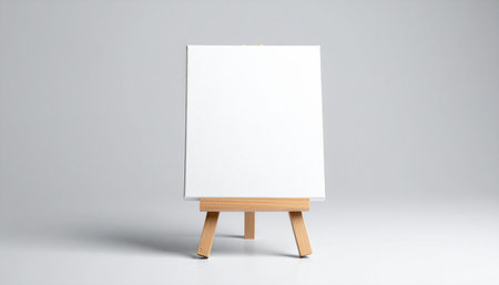 A blank white canvas stands vertically on a wooden tripod easel against a soft gray studio background.の素材