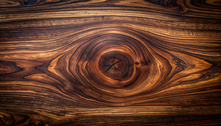 Detailed close-up of dark brown wood grain featuring a large knot that resembles an eye.の素材