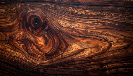 A detailed close-up of a large, circular wood knot with complex, swirling grain patterns in warm brown tones.の素材