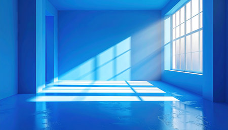 Empty blue room with a large window, sunlight creating geometric shadows on a wet floor.の素材