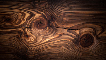 Photo showing close-up of aged dark wood with prominent knots and intricate swirling grain keywords: wood, texture,...の素材
