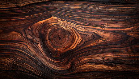 Photo showing close up of dark wood grain with a prominent knot and swirling patterns keywords: wood, texture,...の素材
