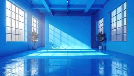 Empty blue studio with large windows, potted plants, and sunlight casting shadows on the floor.の素材