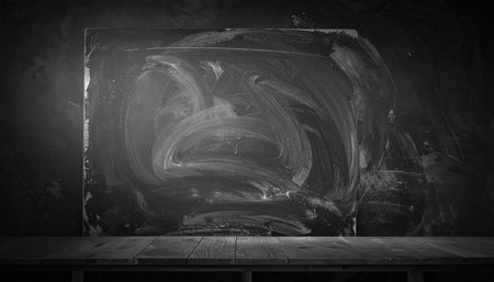 A dark wooden table stands before a smudged chalkboard with abstract chalk marks. Clear details and vibrant colors en...の素材