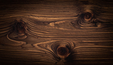 Detailed close-up of dark, distressed wood grain featuring prominent knots and rich texture.の素材