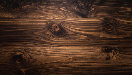 Dark brown wooden planks with prominent knots and detailed grain patterns create a rustic background.の素材