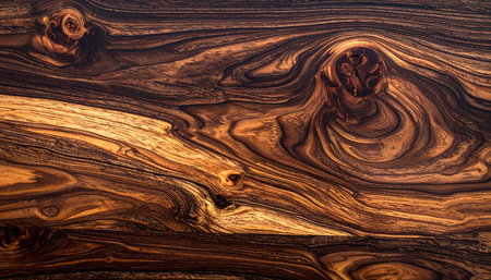 A detailed close-up of dark, exotic wood with striking swirling grain patterns and prominent knots.の素材