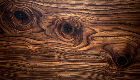 Detailed view of dark brown wood grain with prominent knots and swirling patterns.の素材