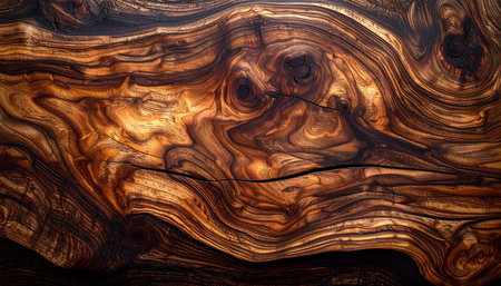 Photo showing detailed close-up of dark wood grain with swirling patterns and knot details keywords: wood, texture,...の素材