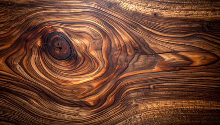 Detailed close-up of dark wood featuring a large, swirling knot and intricate, linear grain patterns.の素材