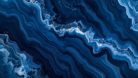 Deep indigo agate texture with wavy bands and glimmering gold inclusions forms a striking abstract background.の素材