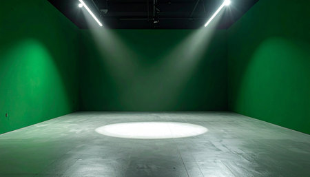 An empty green studio with a concrete floor and two bright spotlights illuminating the space.の素材