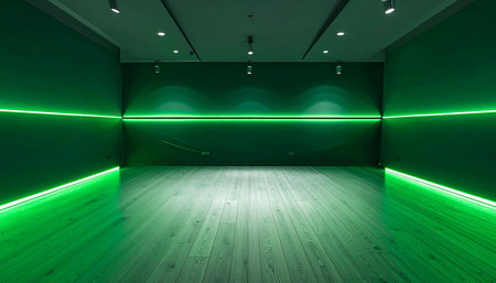 An empty room with a wooden floor illuminated by green LED strip lights along the walls and ceiling.の素材