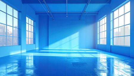 An empty blue room with large grid windows showing a cityscape and bright sunlight casting shadows.の素材
