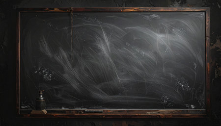 A dusty chalkboard with chalk marks and a small ink bottle sits on a wooden shelf Clear details and vibrant colors en...の素材